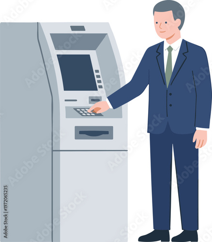 Businessman using an ATM machine at a bank branch location.