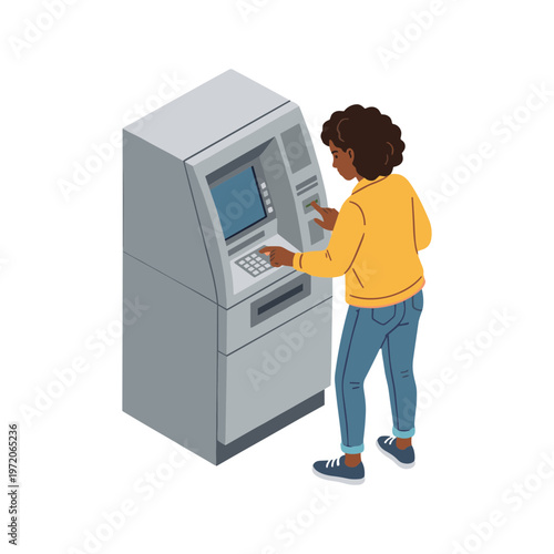 Woman uses an ATM machine to withdraw cash outdoors