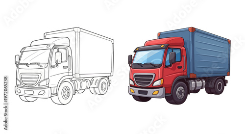 Red Truck with Blue Cargo Container, Line Art and Full Color Comparison