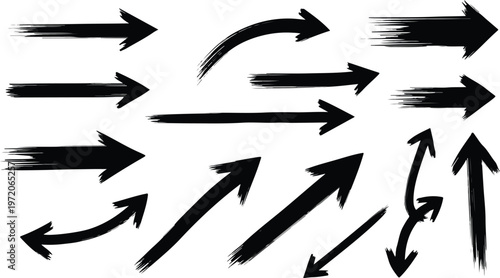A versatile collection of artistic hand-drawn brushstroke arrows, perfect for adding dynamic directional elements to graphic design projects, digital artwork, and creative visual communications