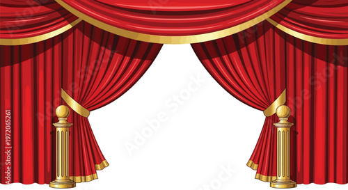 Elegant red stage curtains with gold trim and decorative columns