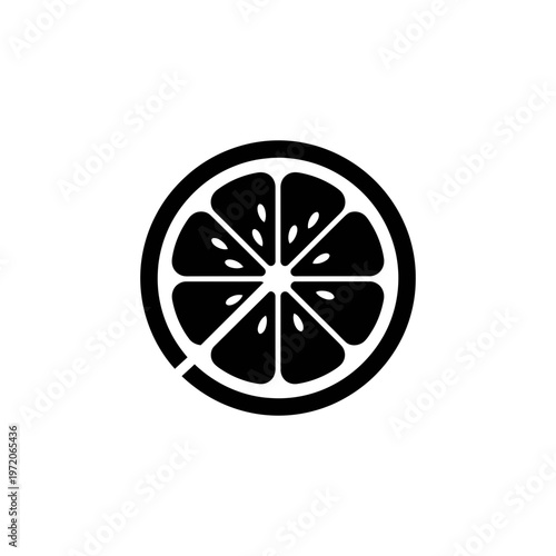 A simple black and white illustration of a citrus fruit slice