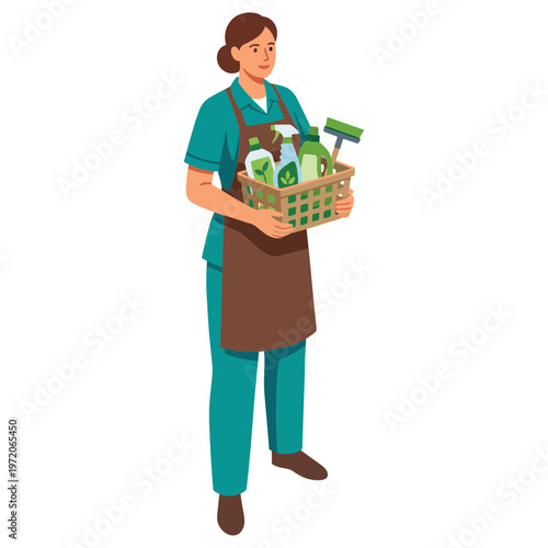 A woman holding a basket of cleaning supplies in her hands