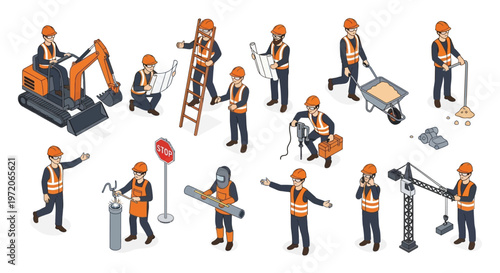 Isometric construction workers performing various tasks on a white background