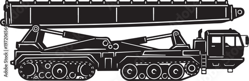 Heavy duty crane, industrial crawler crane, construction equipment, black and white vector