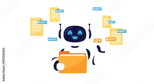 An adorable, friendly artificial intelligence robot with a bright, smiling face is expertly managing and organizing a collection of digital documents and important files, holding a yellow folder, illu