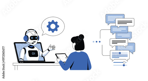 A person engages in a digital conversation with an artificial intelligence chatbot on a laptop screen, receiving information through an advanced technological interface that streamlines communication.