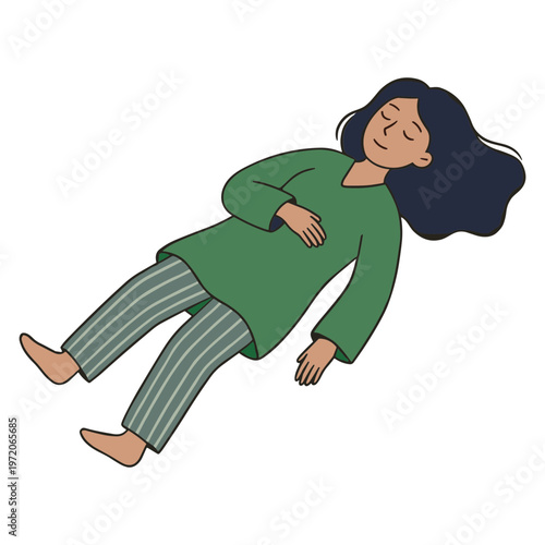 A woman lies on her back with her eyes closed in a green shirt.