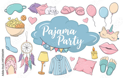 Pajama day slumber party sleeping doodle hand drawn set with pillows, snacks, slippers and balloons for kids invitations and social media.