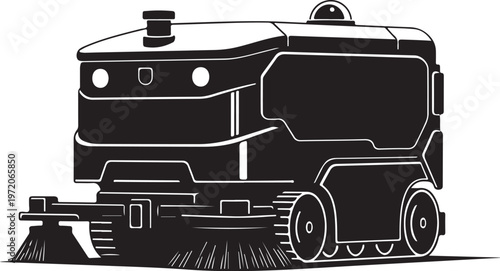 Street Sweeper, Road Cleaning Vehicle, Urban Maintenance Truck, Black Vector Illustration