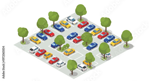 Isometric illustration depicting a colorful parking lot with various vehicles