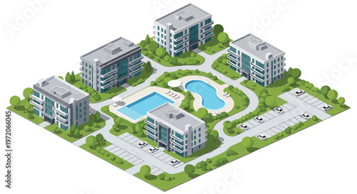 Isometric illustration of a modern apartment complex with a swimming pool