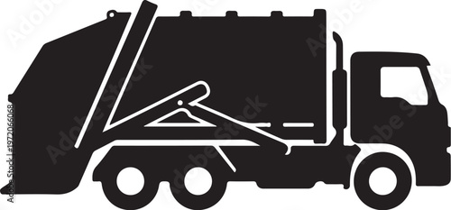 Garbage truck, waste management vehicle, sanitation truck, black silhouette icon