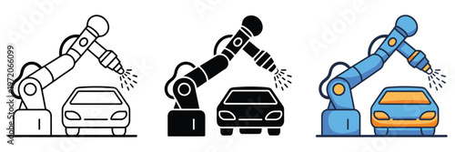 Robotic car painting arm icons set in three styles, depicting automated vehicle painting, industrial robots, and assembly line processes, editable