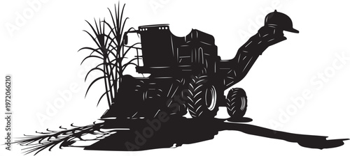 Black silhouette tractor, farming equipment, agricultural machinery, vector illustration