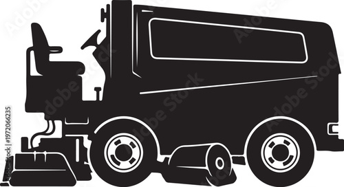 Street Sweeper Truck, Urban Cleaning Vehicle, Municipal Maintenance Truck, Black Vector Icon