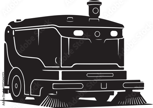 Street Sweeper, Road Cleaning Truck, Urban Maintenance Vehicle, Black Vector Icon