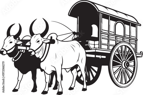 Vintage ox cart, traditional transportation, rural scene, black and white vector illustration, 2 oxen