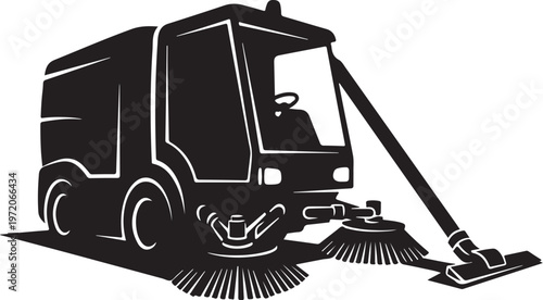 Street Sweeper, Road Cleaning Truck, Urban Maintenance Vehicle, Black Vector Icon