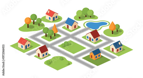 Isometric illustration of a colorful small town with houses and greenery