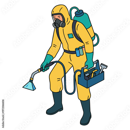 A person in hazmat suit sprays chemicals from a nozzle.