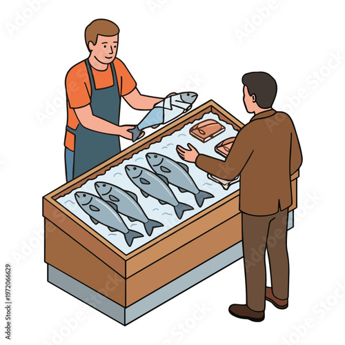 Customer buys fresh fish from vendor at market stall with ice