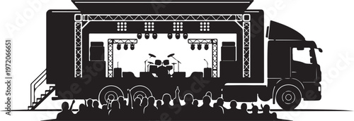 Truck, stage truck, mobile stage, concert truck, black and white