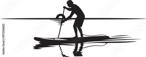 Paddleboarder silhouette, stand up paddle board, water sports, black icon, vector illustration