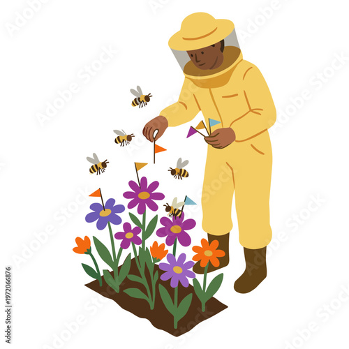 A beekeeper in protective gear tends to colorful flowers with buzzing bees nearby.