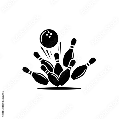 Black bowling ball and pins icon.