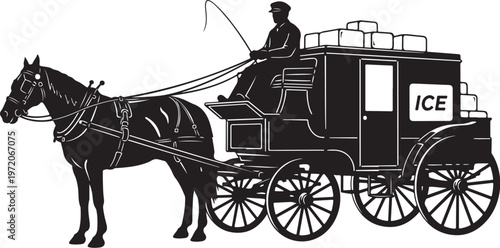 Vintage horse drawn carriage, horse and carriage, black and white vector, transportation icon