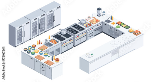 Isometric view of a modern professional kitchen with stainless steel appliances