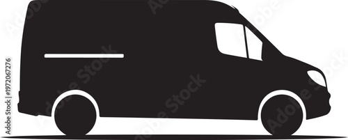 Black van silhouette, delivery vehicle icon, transportation symbol, cargo van graphic