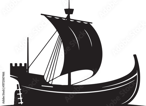 Viking Ship, Medieval Sailboat, Black Vector Icon, Ancient Vessel, Nautical Symbol