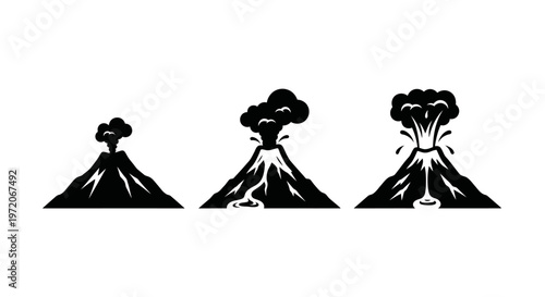 Black silhouette volcanic eruption stages.