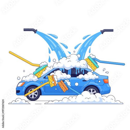 Blue car being washed with brushes.