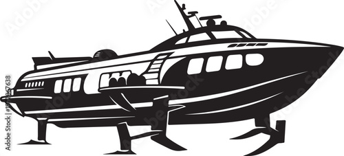 Amphibious boat, hovercraft, vector illustration, black and white design