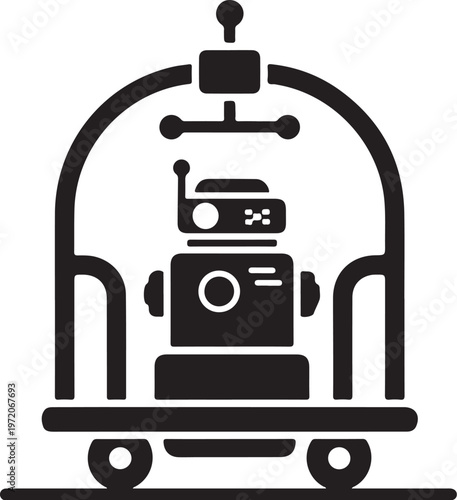 Black, minimalist hotel service bellhop cart icon, simple vector illustration, bellboy trolley symbol