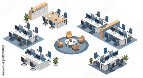 Isometric view of a modern open plan office workspace with multiple desks