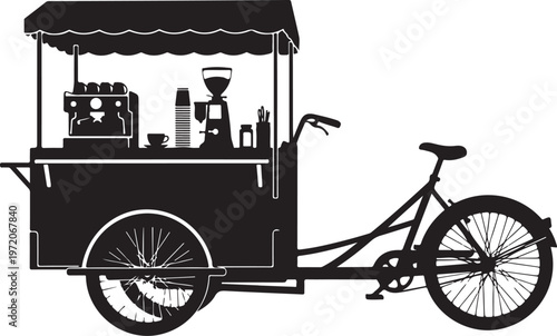 Black coffee cart, bicycle cafe, food truck, vector illustration