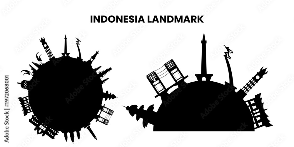 Obraz premium Indonesia Landmarks Silhouette Skyline Travel Vector Collection