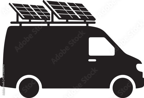 Eco friendly van, solar powered vehicle, black silhouette, renewable energy, sustainable transport