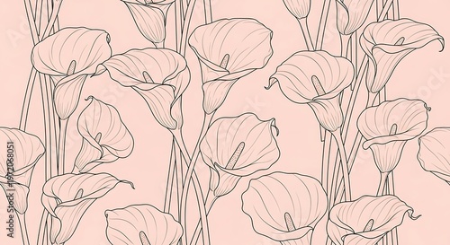 Calla Lilies Line Drawing Floral Pattern on Soft Pink Background