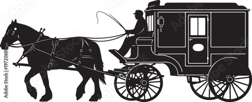 Vintage horse-drawn carriage, horse and carriage silhouette, black carriage icon, transportation vector
