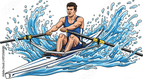 Vibrant illustration of a male rower in a single scull boat powerfully cutting through water symbolizing competitive sport and athletic achievement