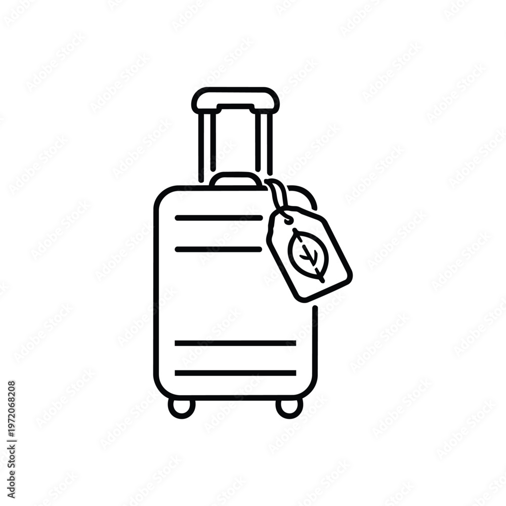 Fototapeta premium Spring travel suitcase with eco leaf tag black and white vector line art spring luggage illustration