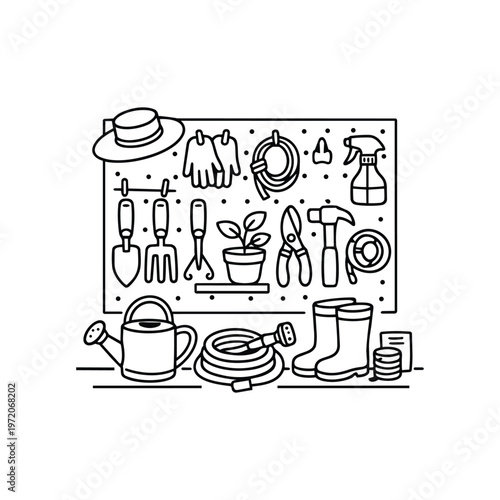 Spring gardening tools black and white vector illustration with spring garden equipment and spring gardening icons