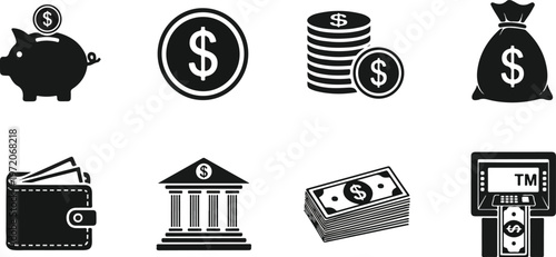 Financial Icons: Piggy Bank, Wallet, Bank, Money Stack, ATM