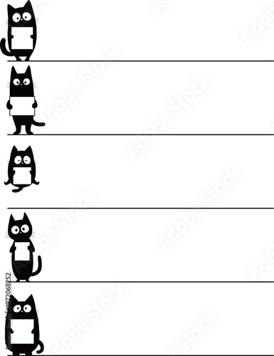 Cute black cats with card on vertical lines, minimal doodle style copy space background, white 