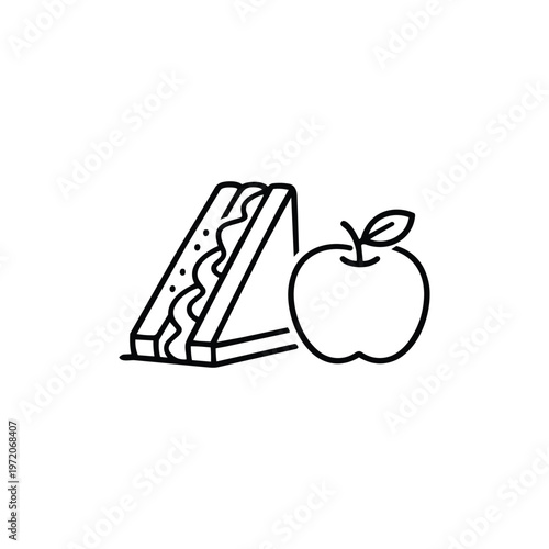 Spring picnic lunch black and white vector with sandwich and apple spring picnic food illustration